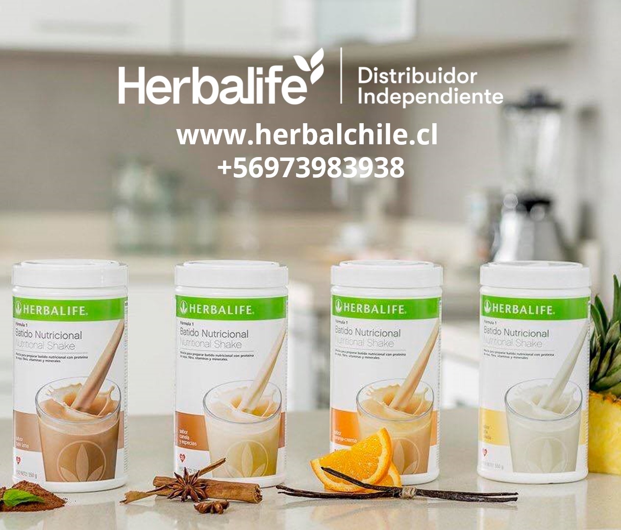 mesa con productos Herbalife y batidos preparados en Chile