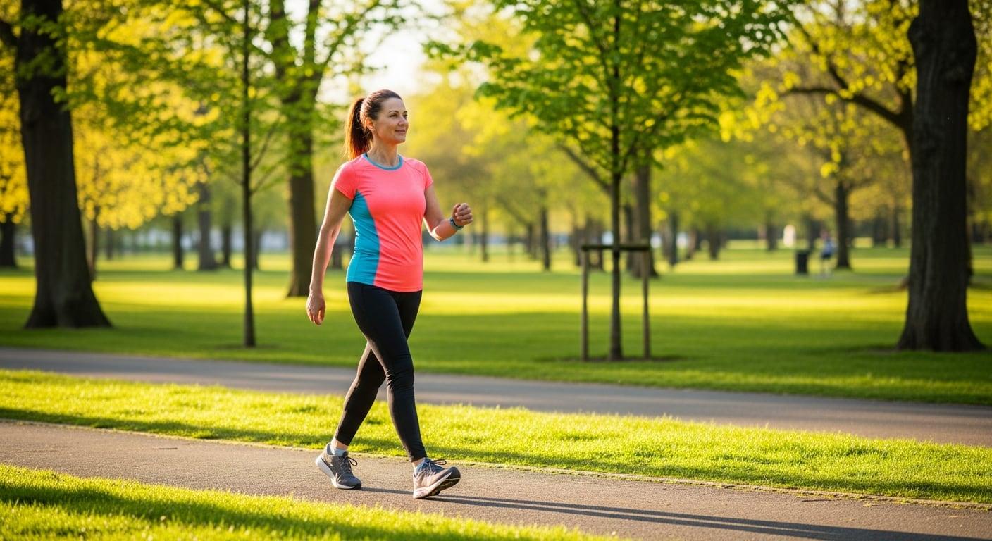 Mujer caminando al aire libre durante la primavera como parte de un estilo de vida saludable